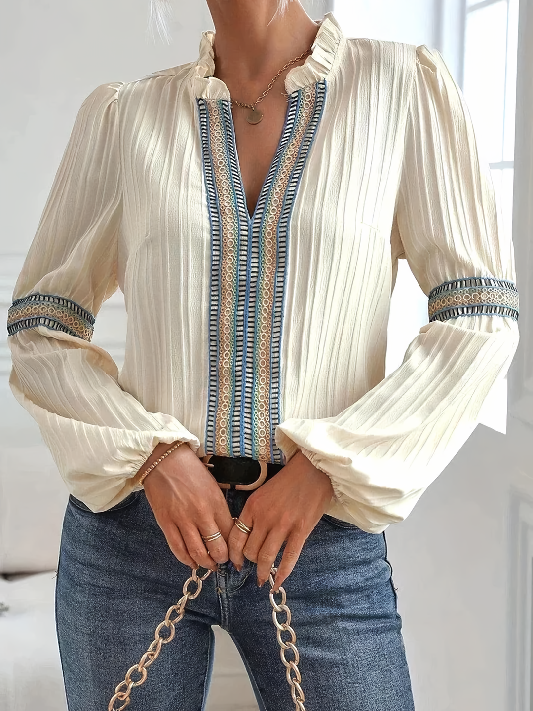 White boho long sleeve blouse for women