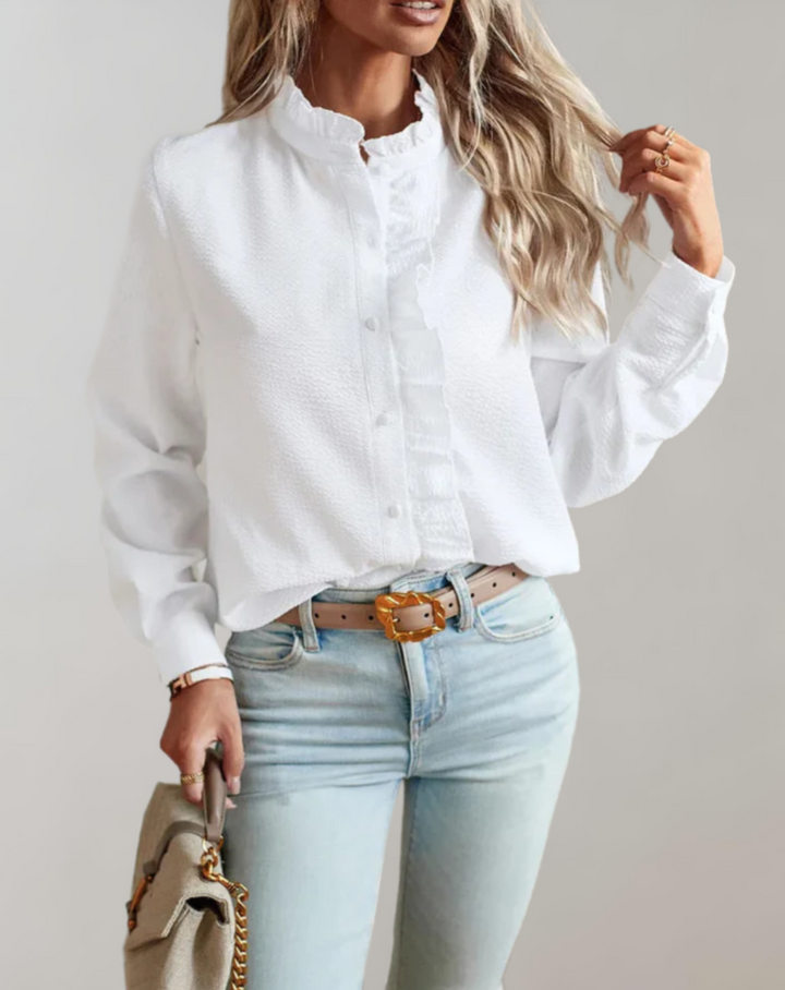 Loose fit long sleeve top with ruffles and stand-up collar for women