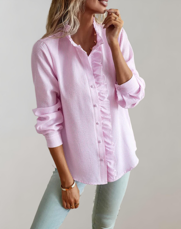 Loose fit long sleeve top with ruffles and stand-up collar for women