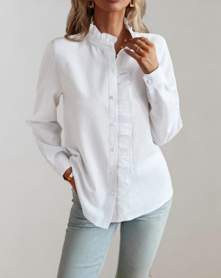 Loose fit long sleeve top with ruffles and stand-up collar for women