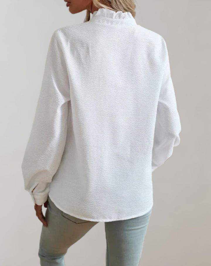 Loose fit long sleeve top with ruffles and stand-up collar for women