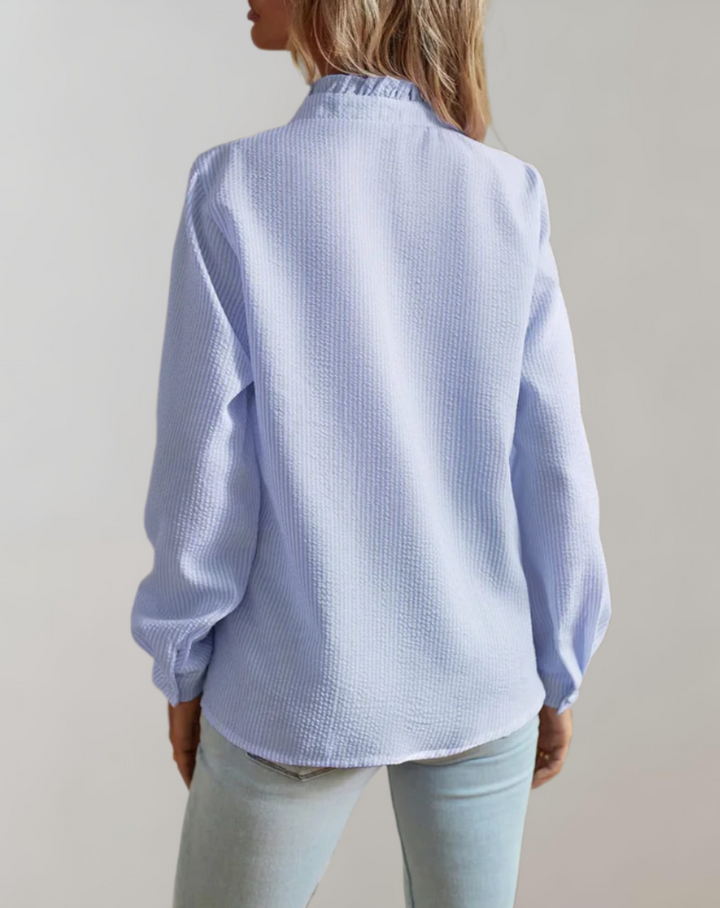 Loose fit long sleeve top with ruffles and stand-up collar for women