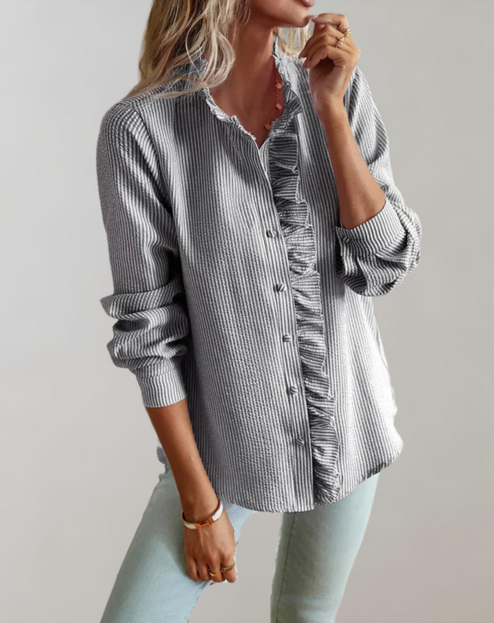 Loose fit long sleeve top with ruffles and stand-up collar for women