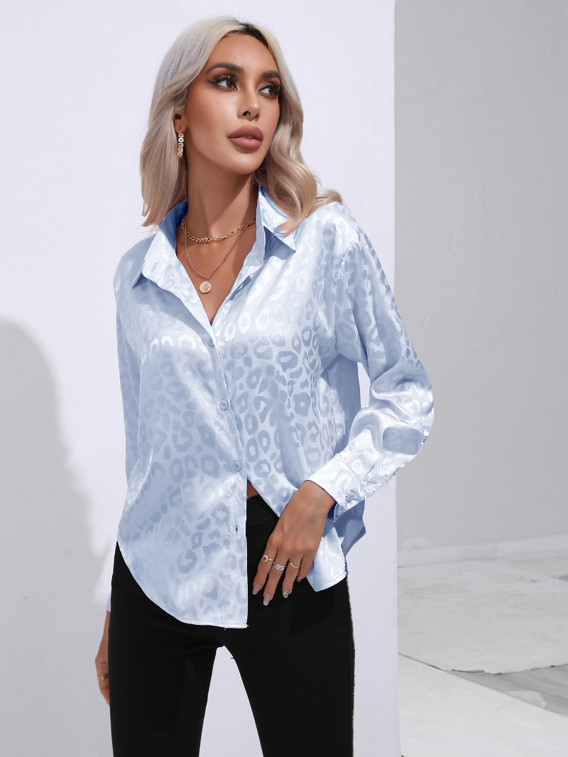 Casual Blue Satin Blouse with Panther Print for Women