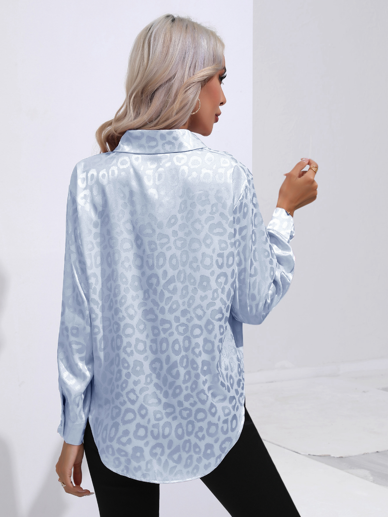 Casual Blue Satin Blouse with Panther Print for Women